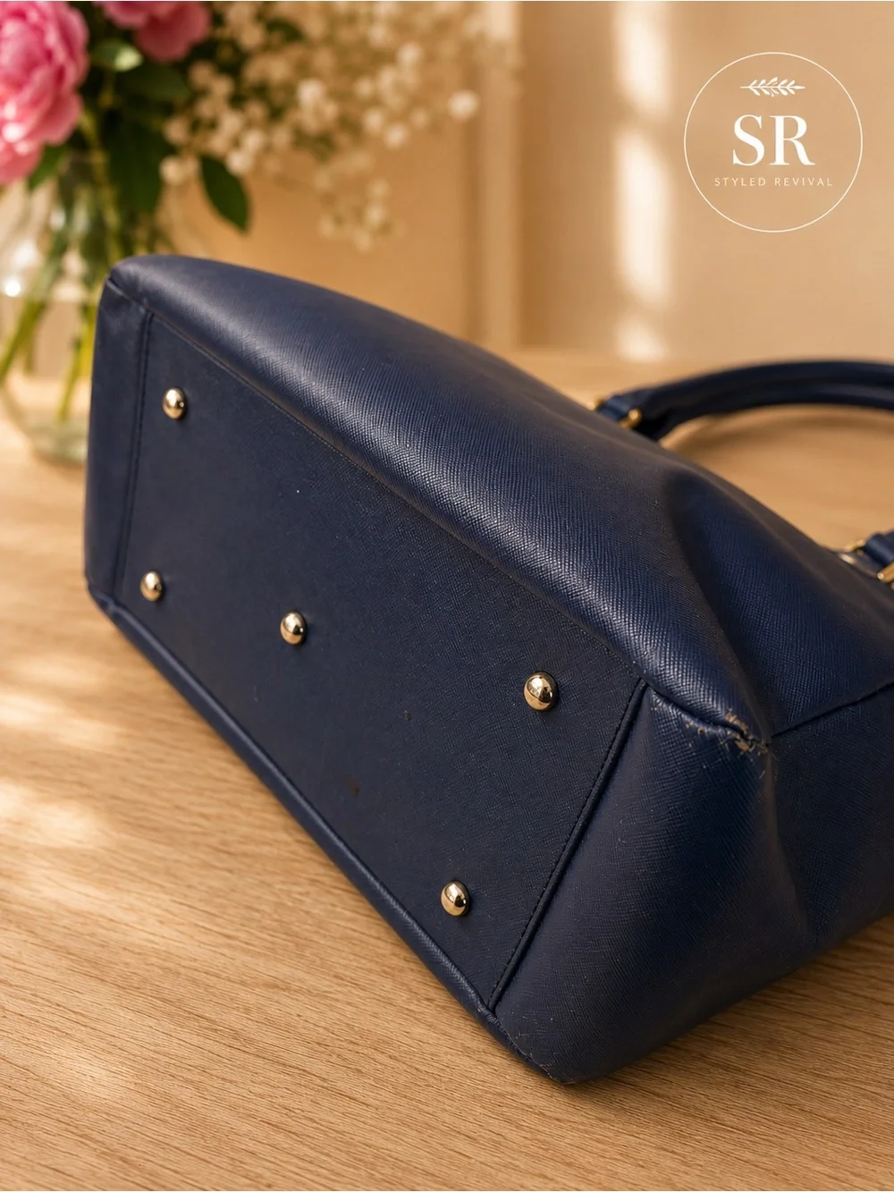 St. John XL Blue Saffiano Leather Work Tote Shopper Bag Gold Logo